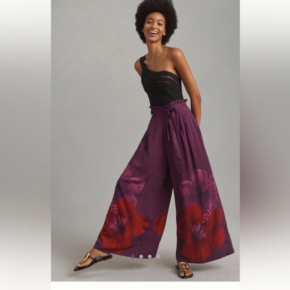 FARM Rio Pants - Farm Rio Elegant Purple Floral Wide-Leg Pants M